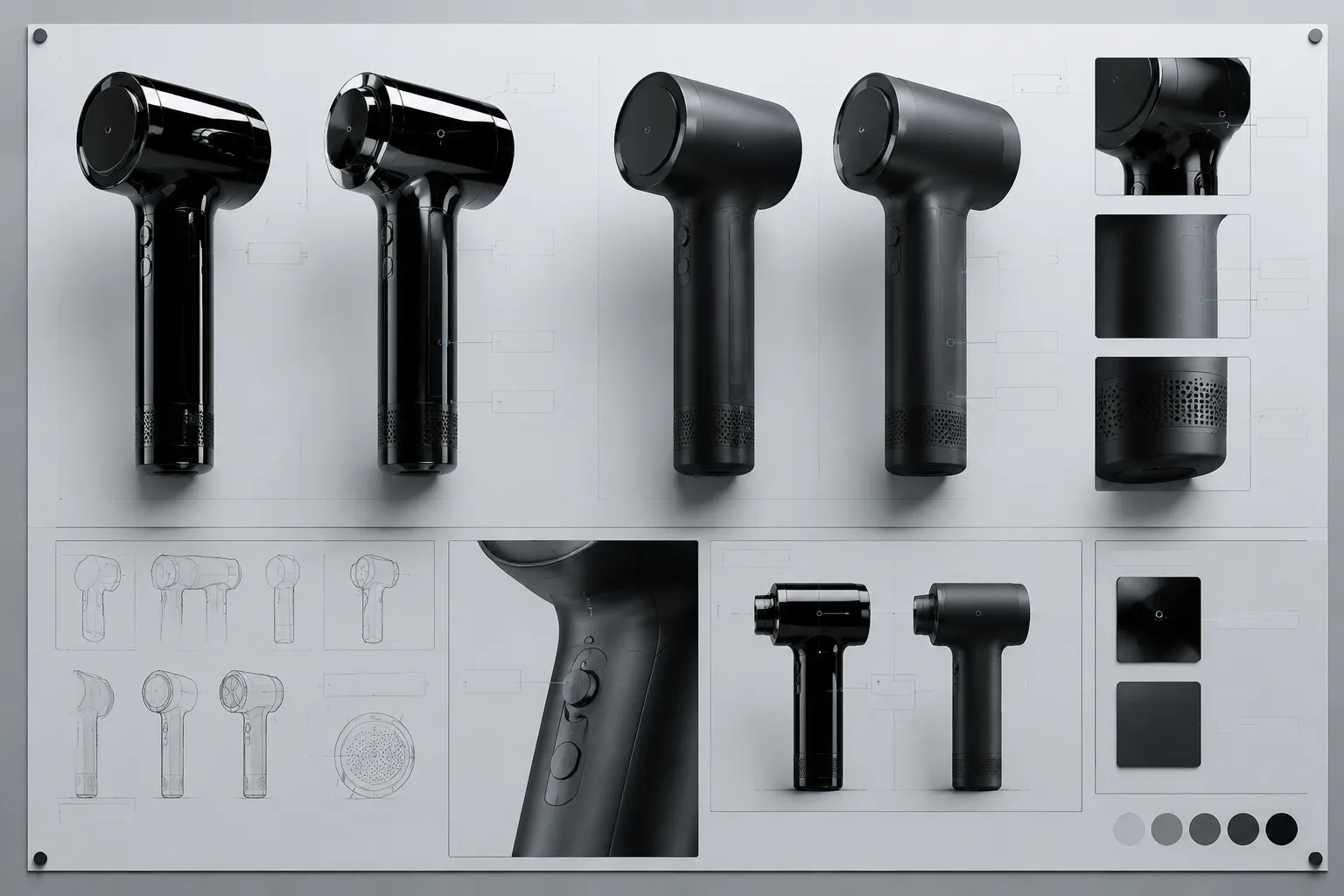 Design review board showing paired finish renders with notes for silhouette, transitions, controls, and unresolved questions