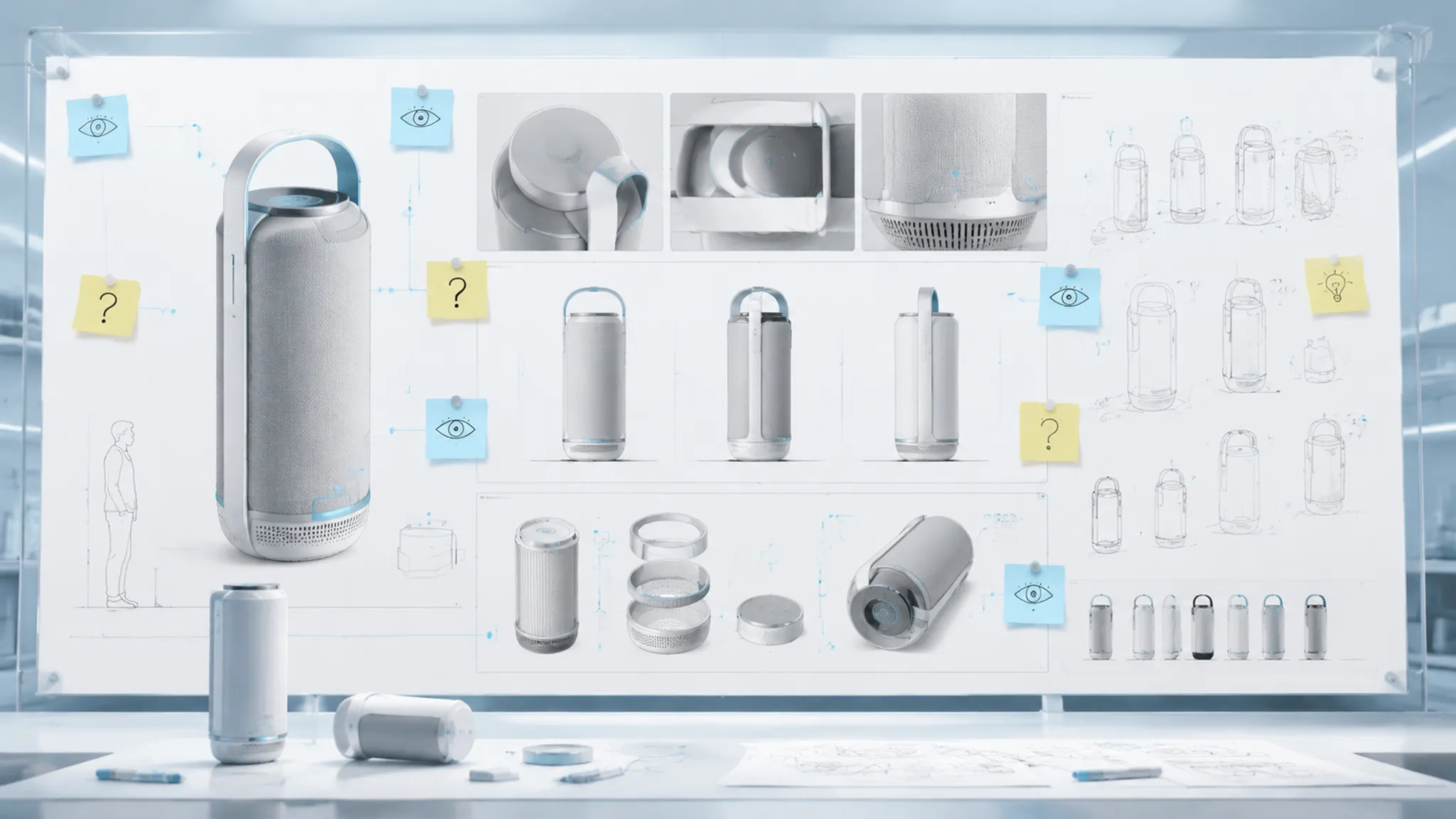 Design review board comparing concept render views, observed cues, and unresolved assumptions