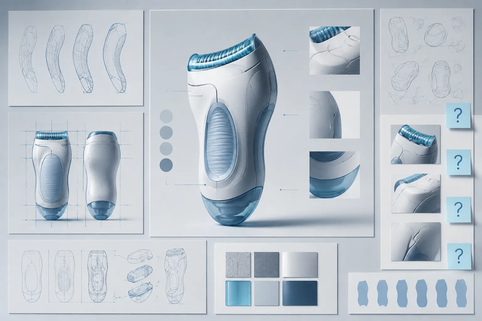 Concept render review board showing a product silhouette, transitions, and unresolved visual decisions