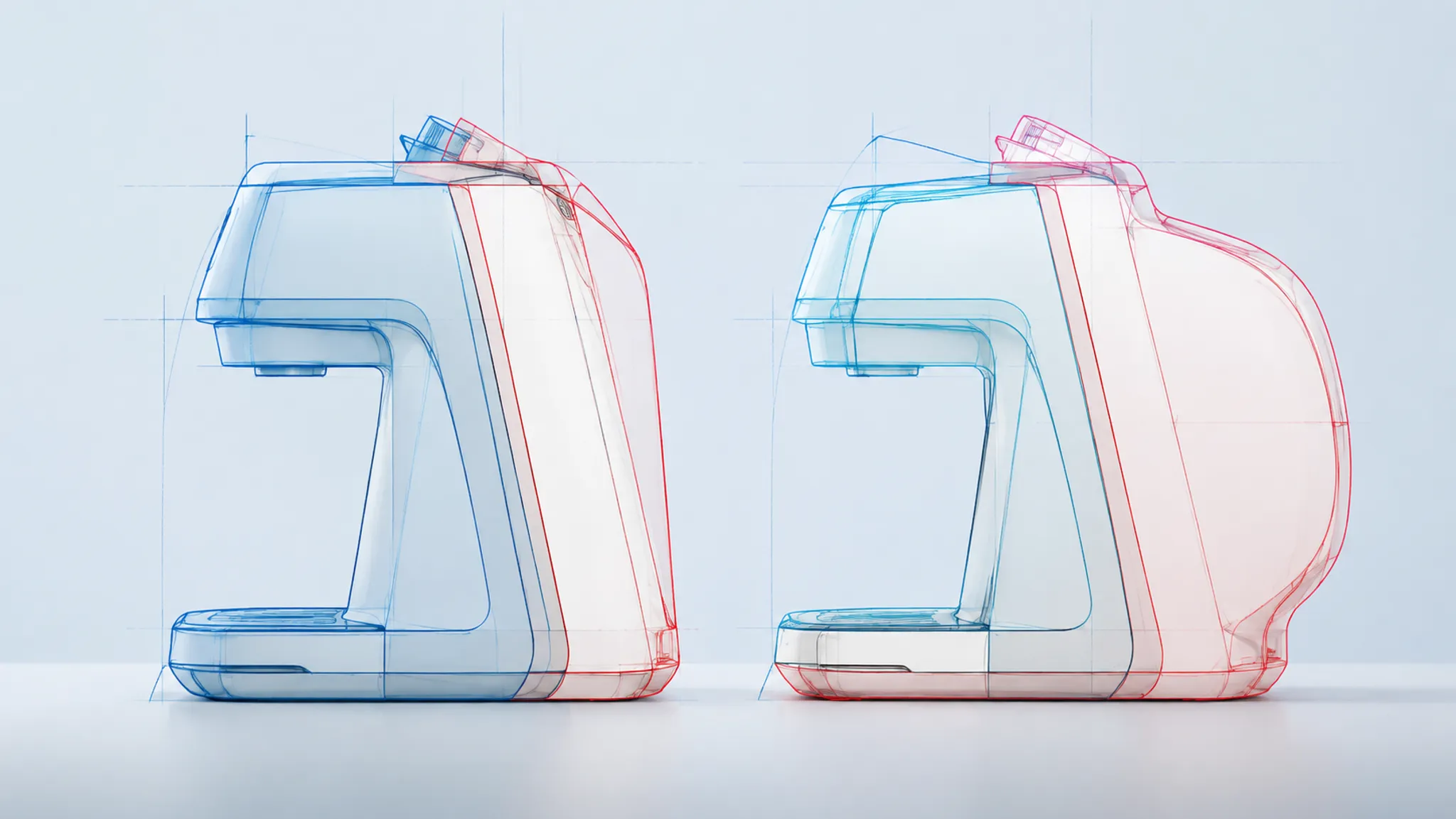 Product design review sheet showing two colored silhouette outlines aligned over a neutral industrial product profile