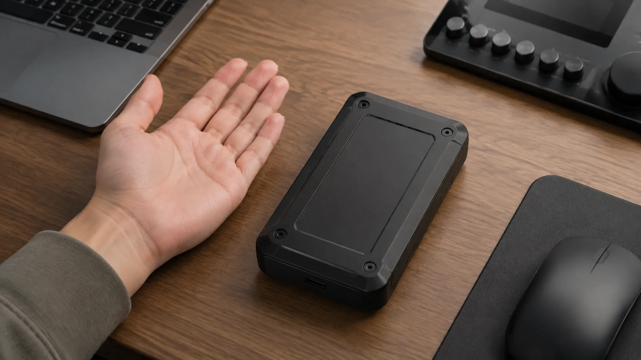 Handheld enclosure shown in an illustrative use context beside nearby surfaces for scale