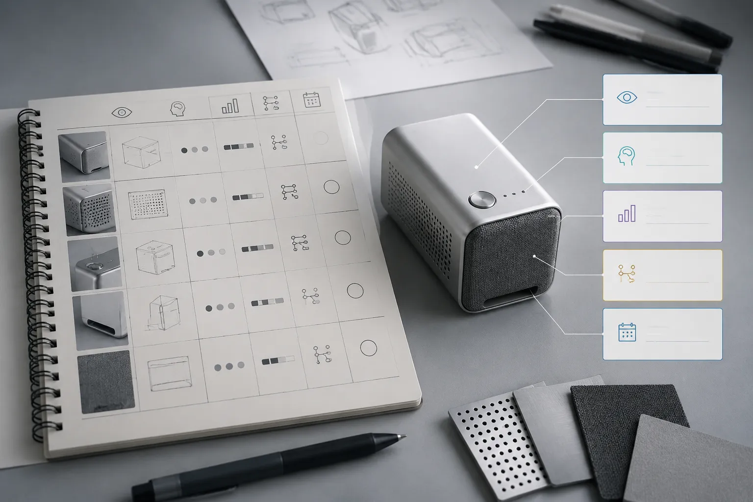 Assumption register beside a compact product concept render with annotated visual cues