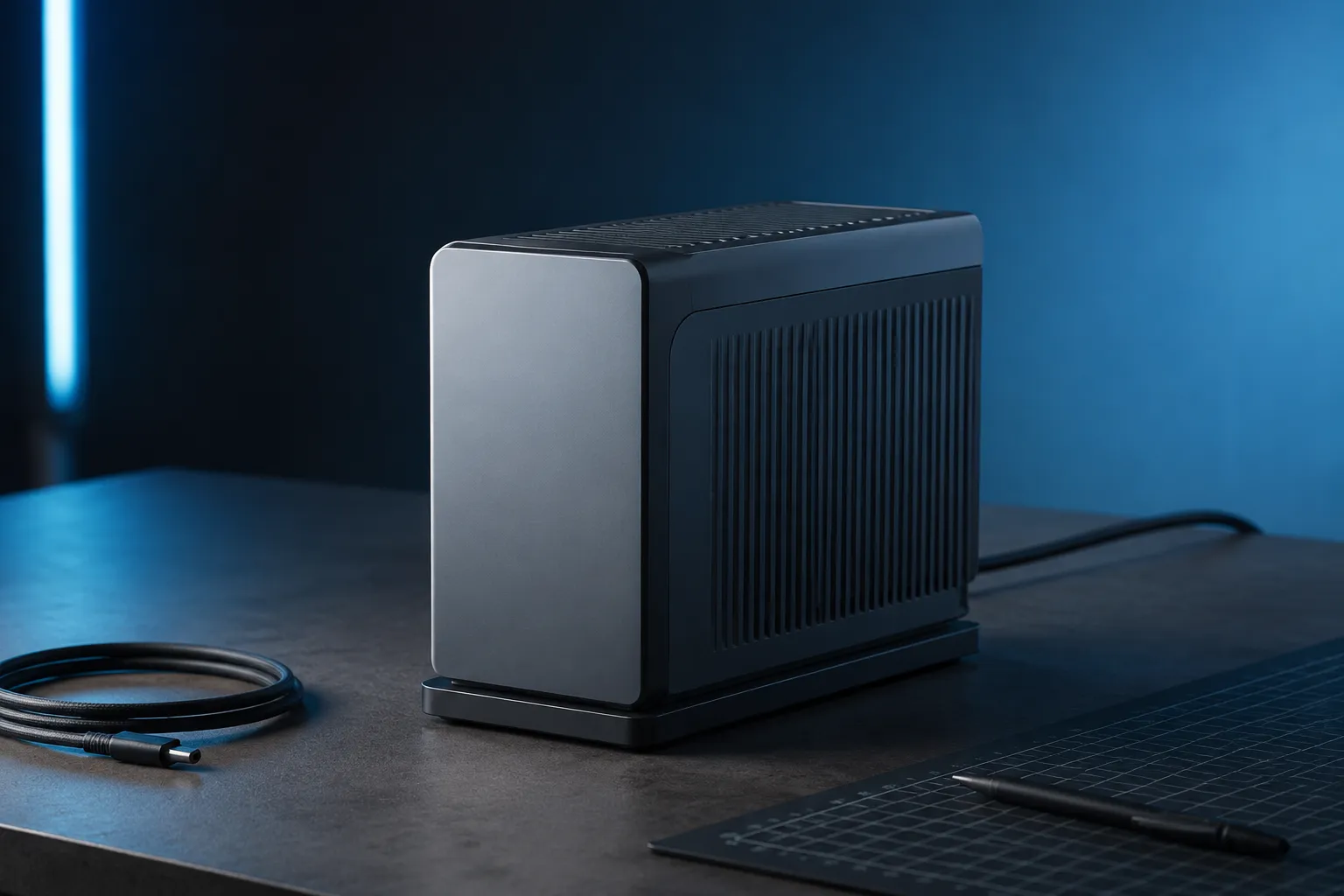 Product render with surrounding scale cues for visual size comparison