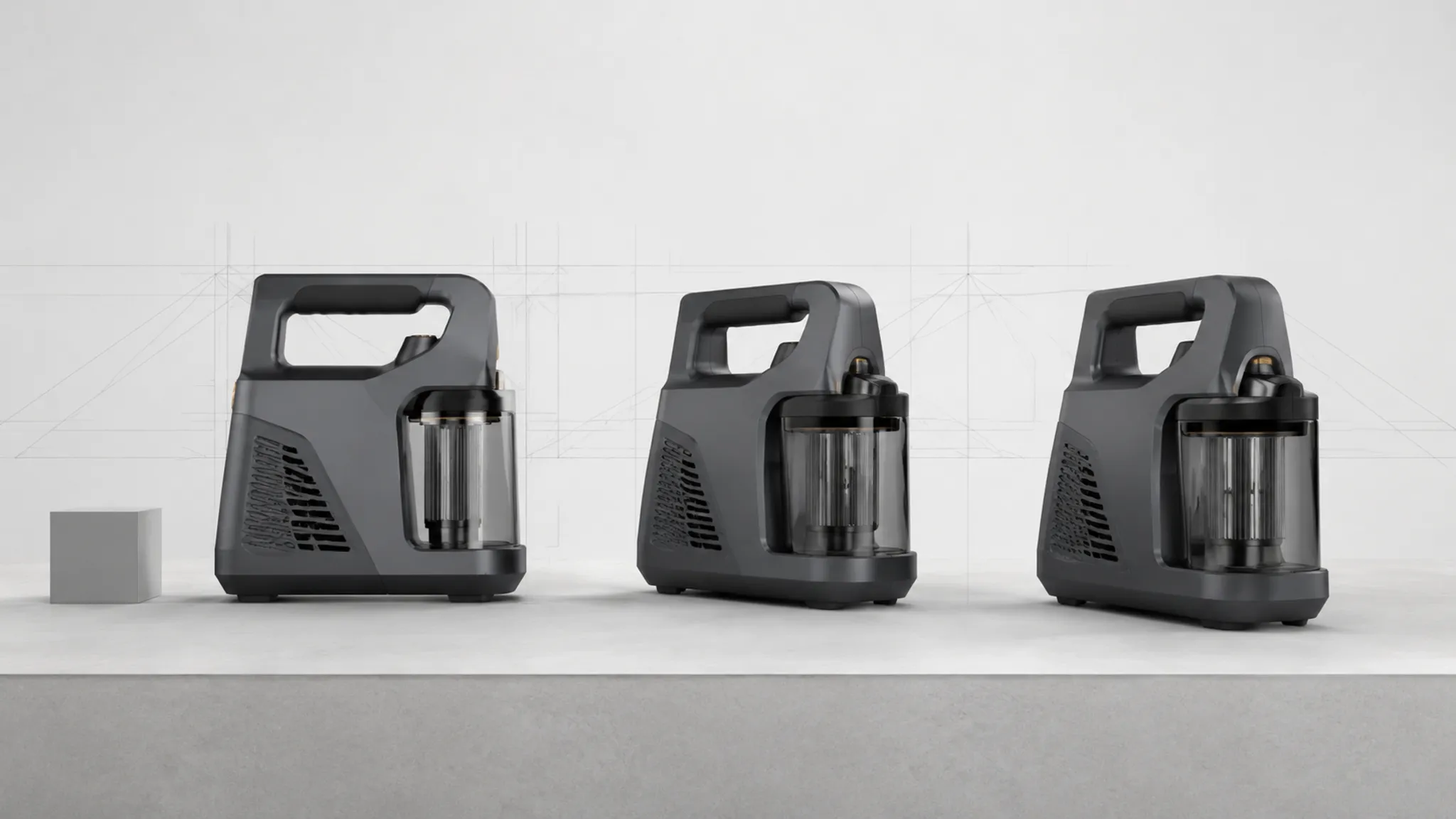 Industrial product concept shown at several camera angles with perspective guides and scale-reference objects