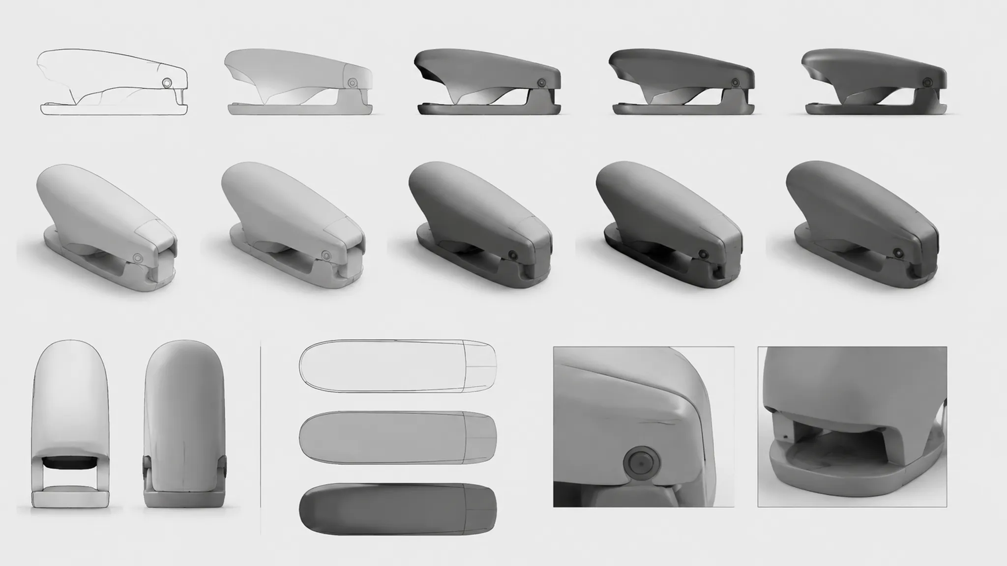 Neutral render variations testing lighting, surface value, contrast, and contextual crop