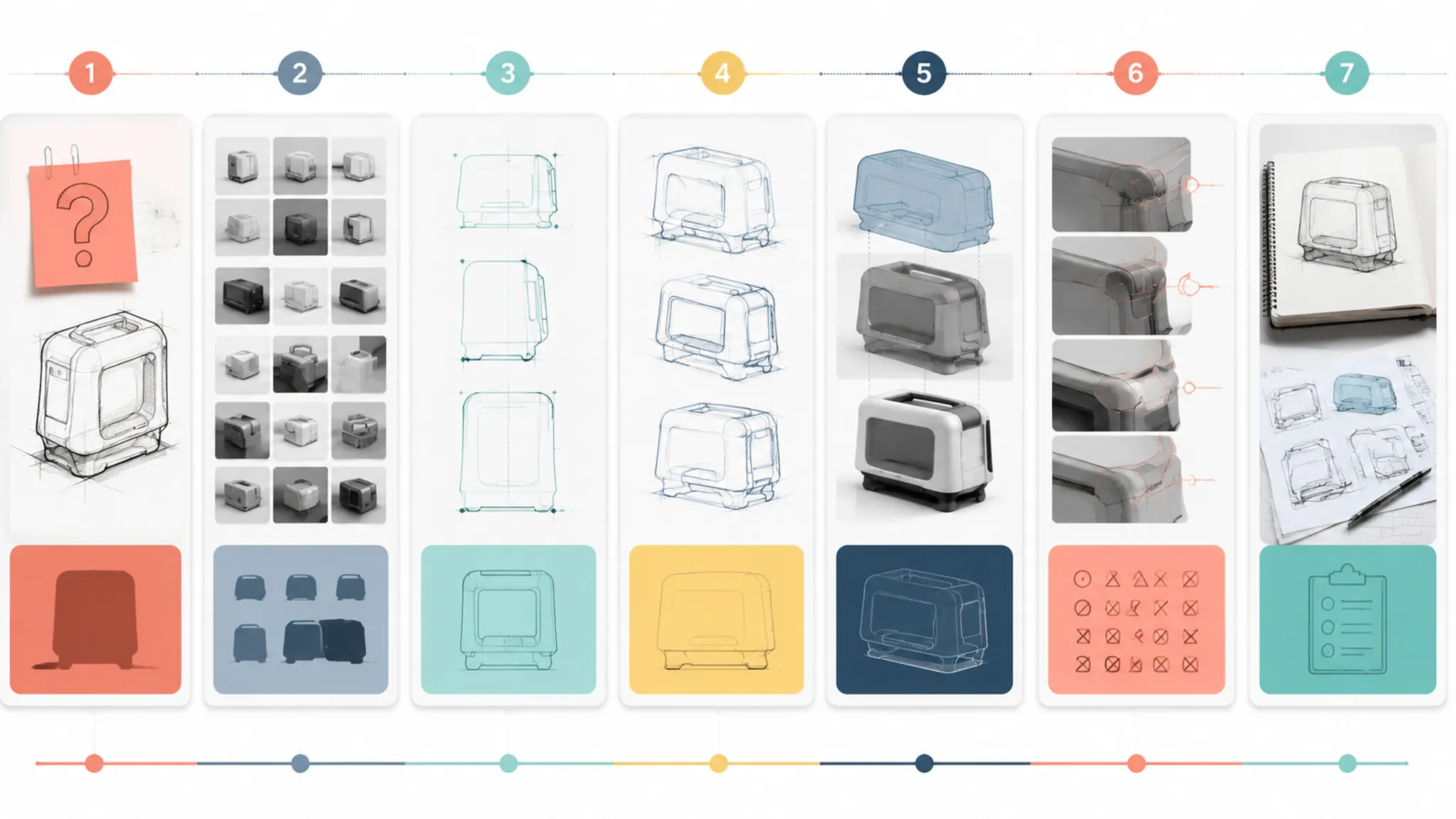 Seven-stage product silhouette review workflow laid out as a professional concept comparison board