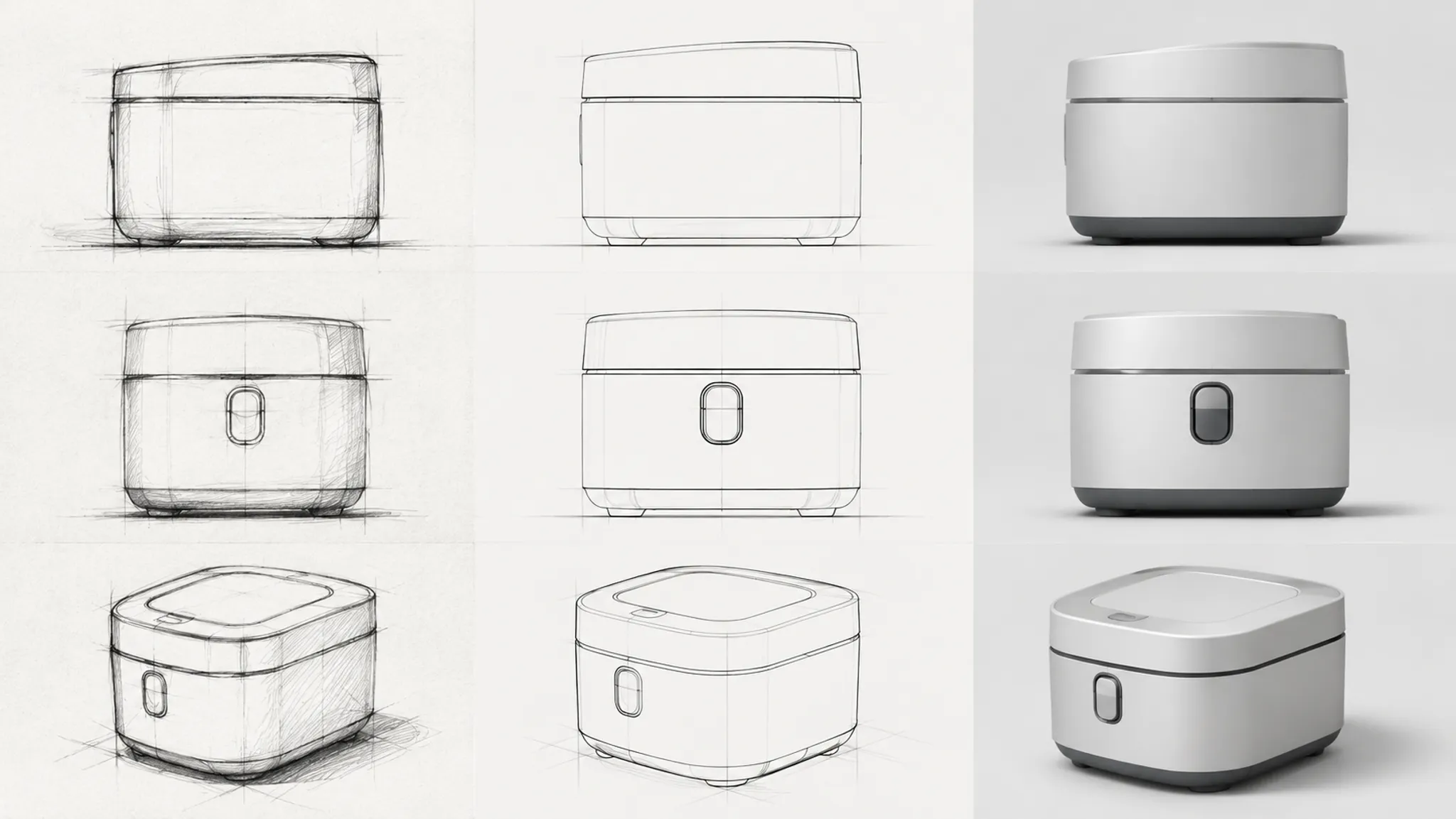 Matched side, front, and three-quarter product concept views arranged for source comparison