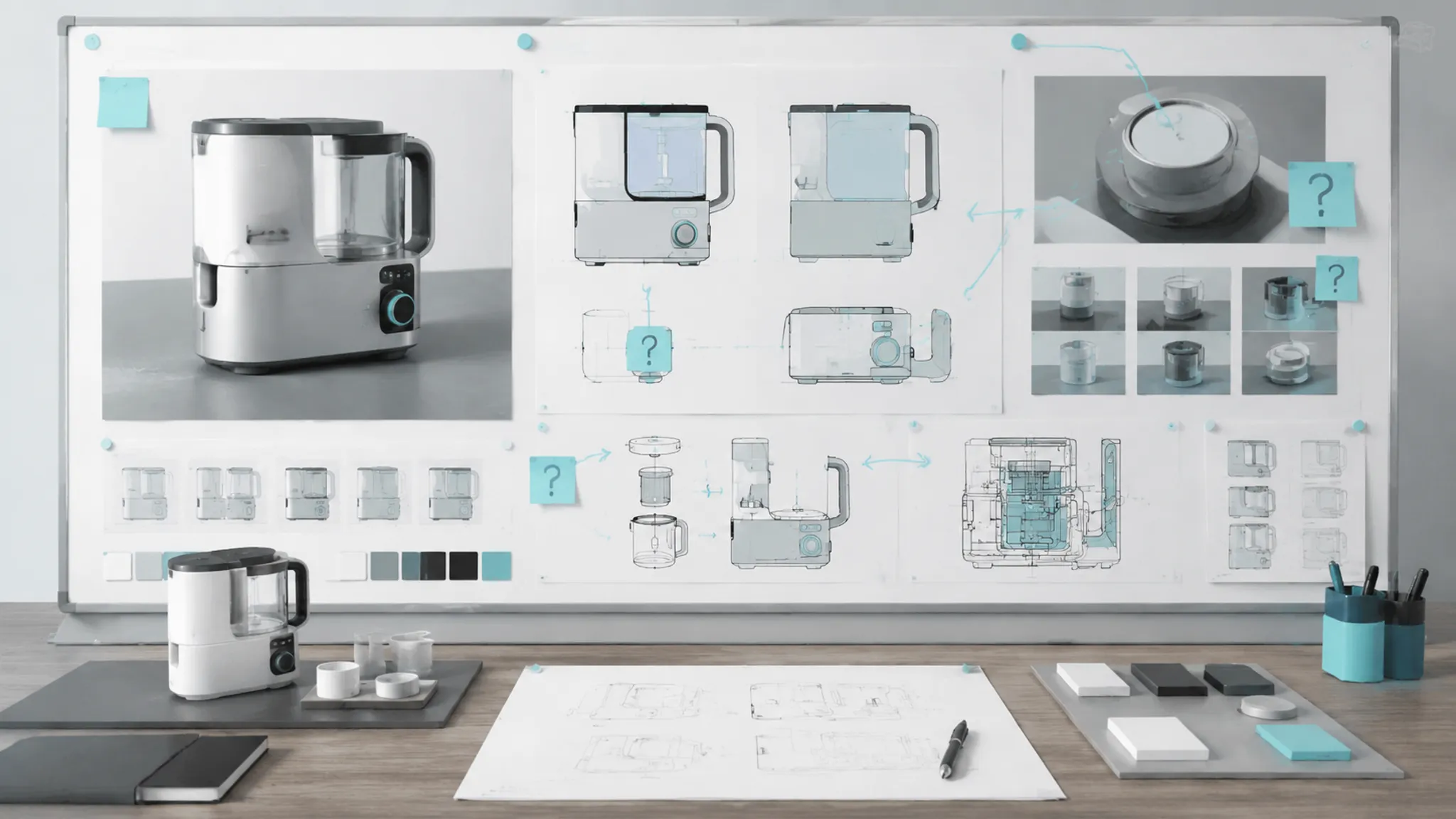 Illustrative countertop product handoff board with render, CAD comparison, and open questions