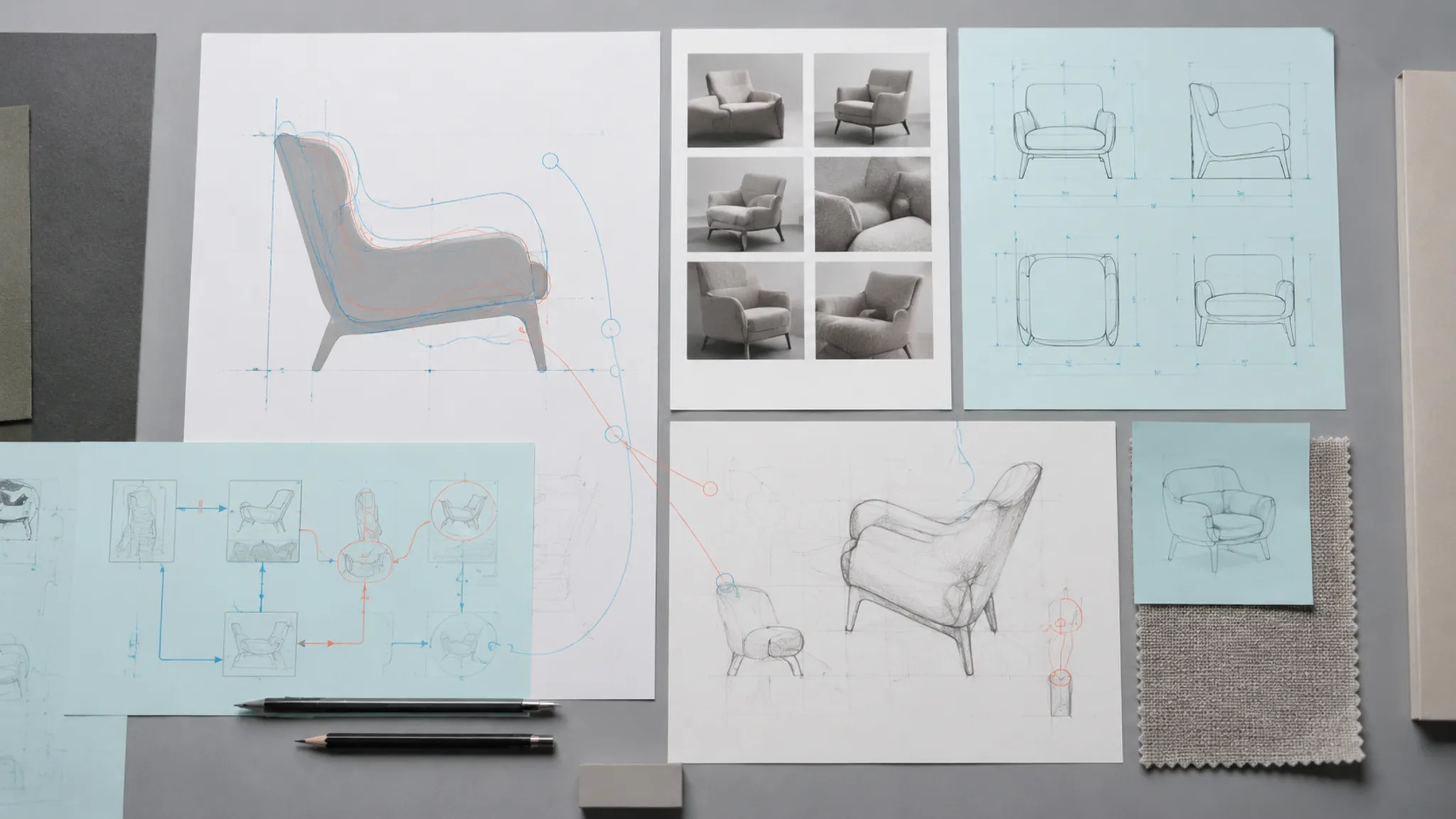 Product design handoff sheet with silhouette overlays, source thumbnails, review notes, and verification routes