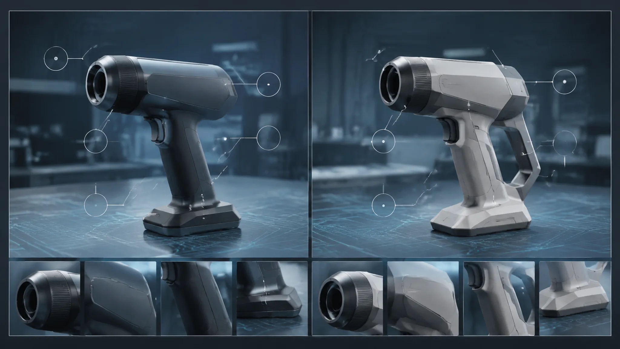 Two concept render directions compared with matching views, lighting, and annotation criteria