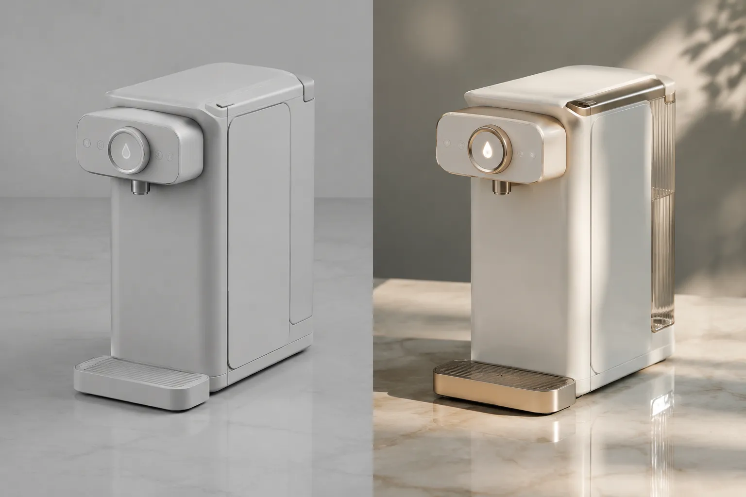 Neutral clay and polished concept render views compared to reveal polish bias in silhouette, lighting, and material interpretation