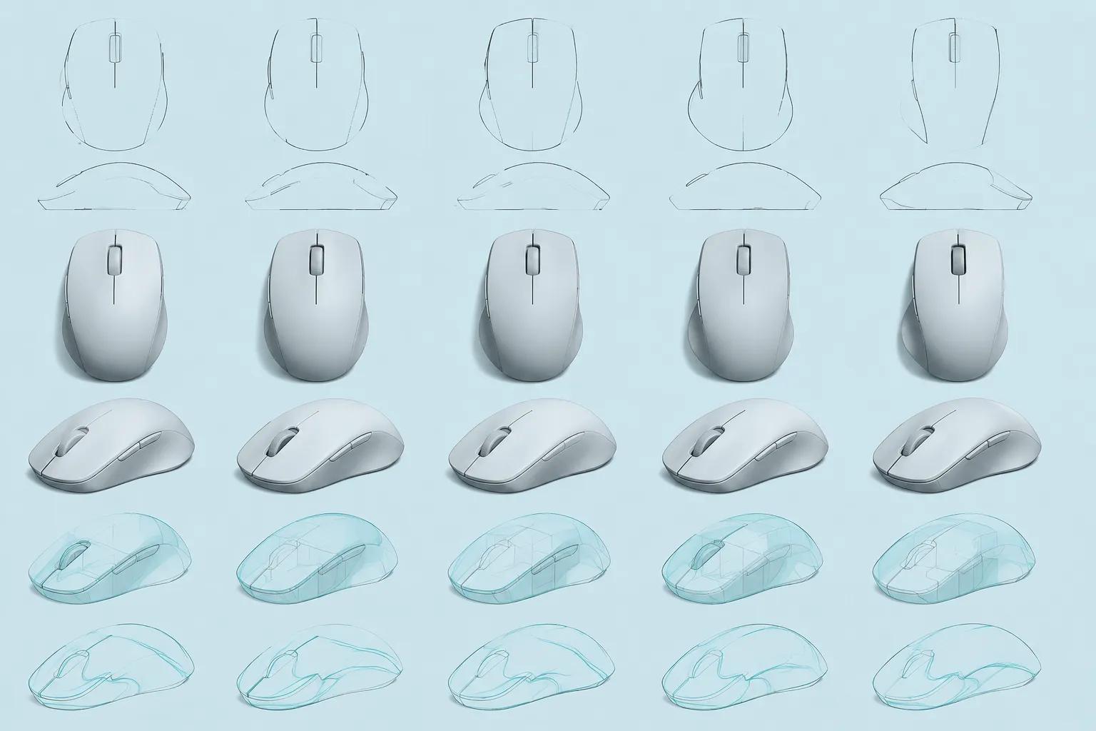 Silhouette and massing study isolating product contours, volumes, and edge transitions