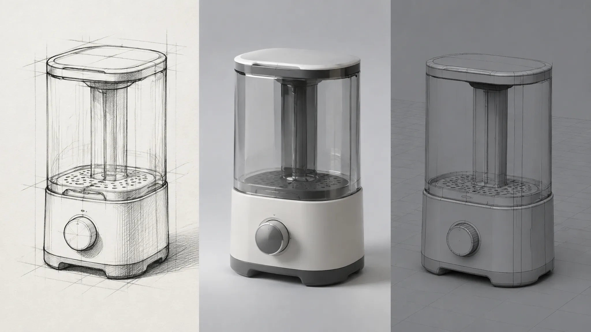 Sketch, concept render, and CAD views aligned for product form comparison