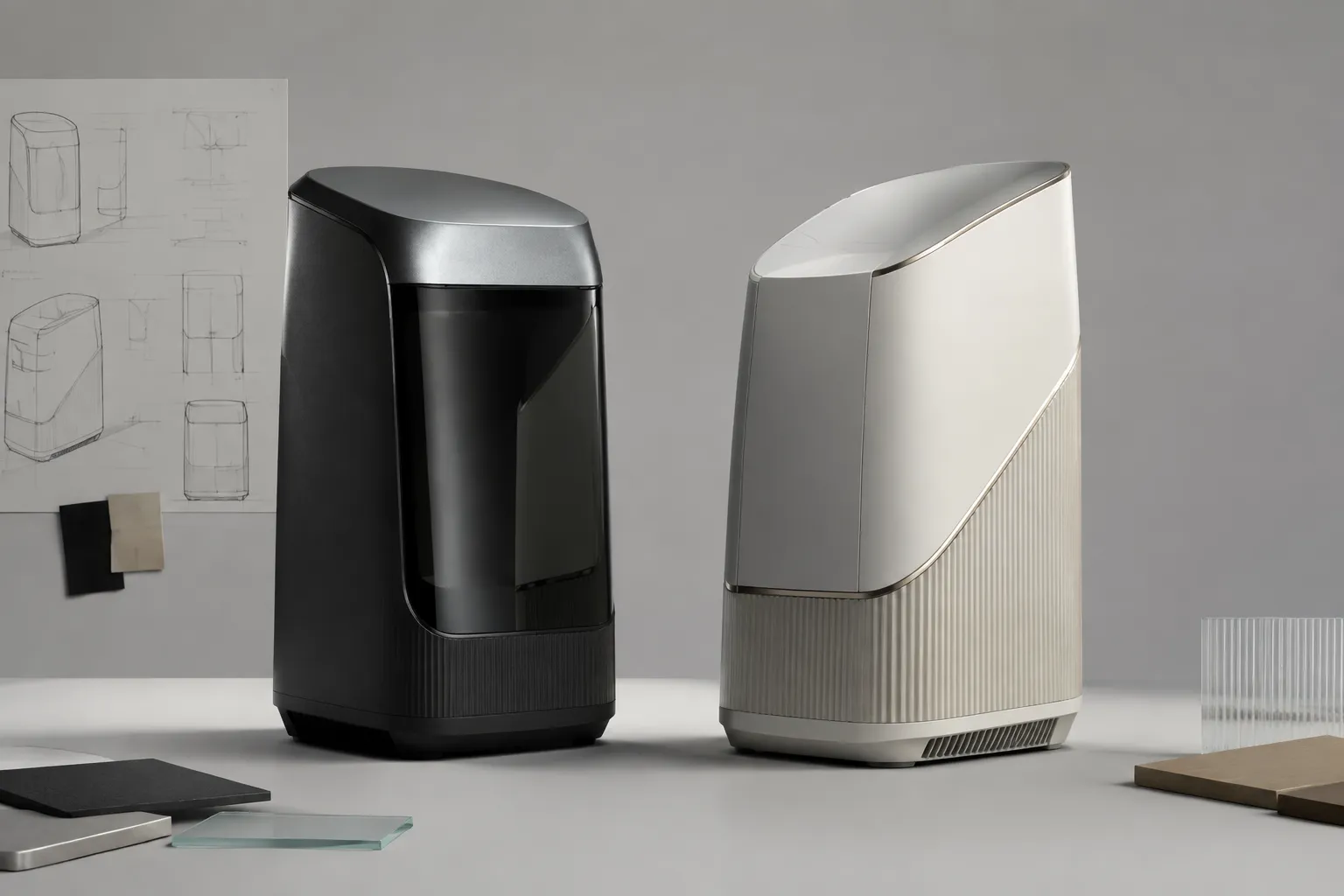 Three-quarter product concept study comparing silhouette, proportion, edge breaks, and scale cues