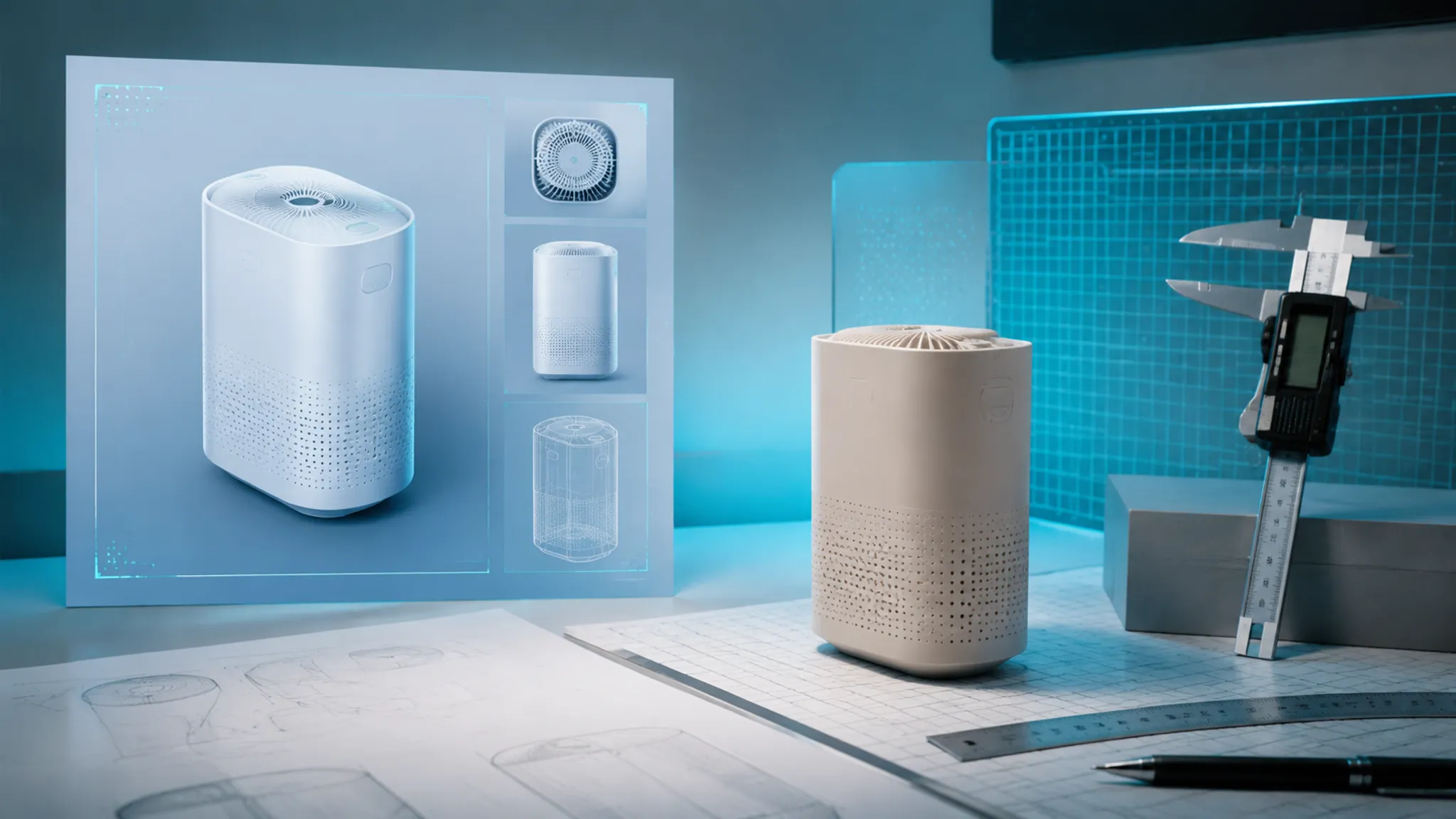 Concept product use-context mockup beside a physical prototype and review references
